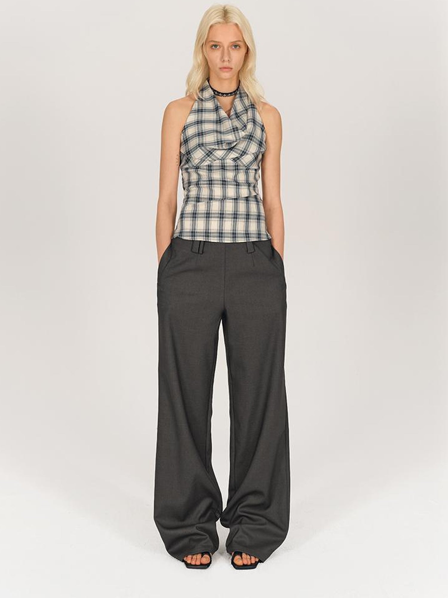 AFTADAWN Textured Crepe Draped Neck Tie Waist Top