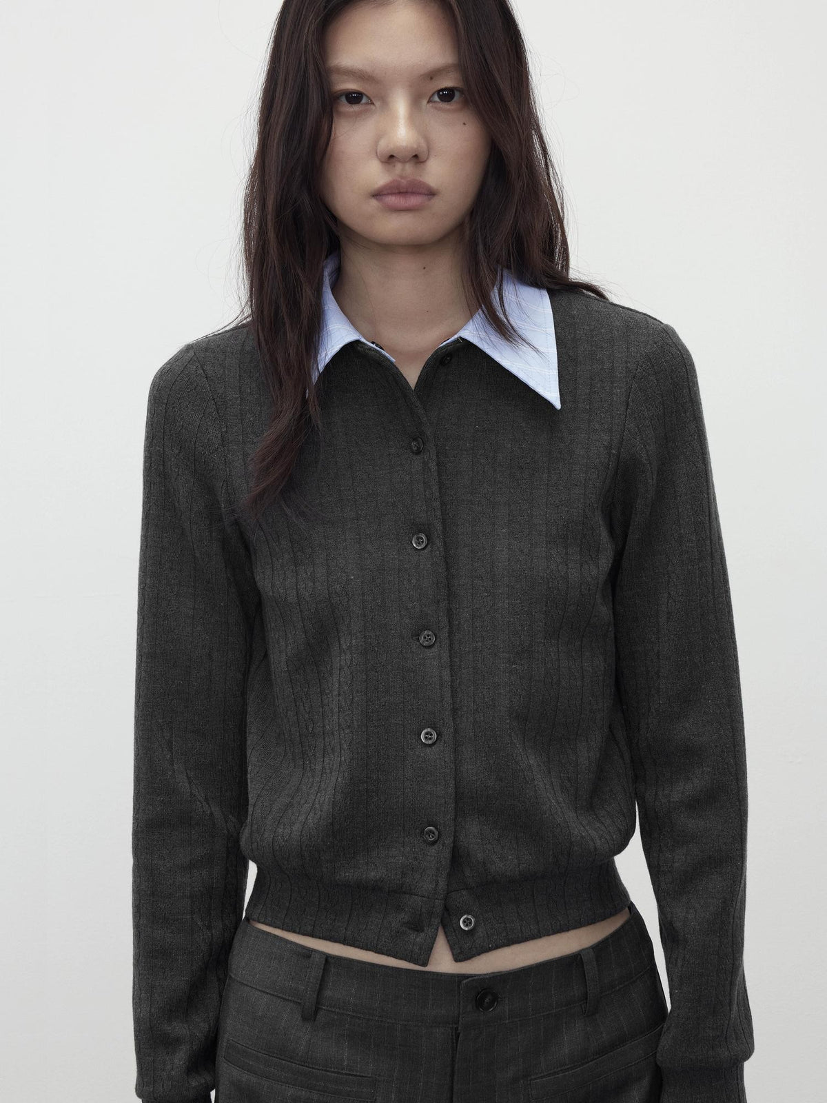 AFTADAWN Textured Detachable Polo Collar Slim Fit Wool Blend Women&