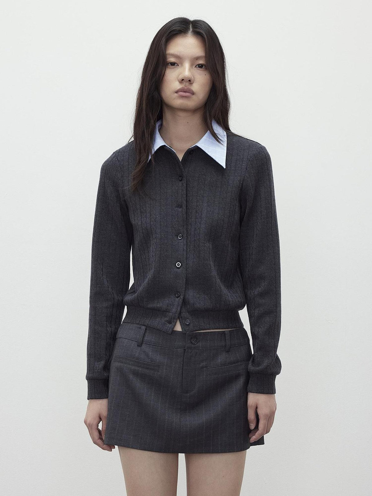 AFTADAWN Textured Detachable Polo Collar Slim Fit Wool Blend Women&
