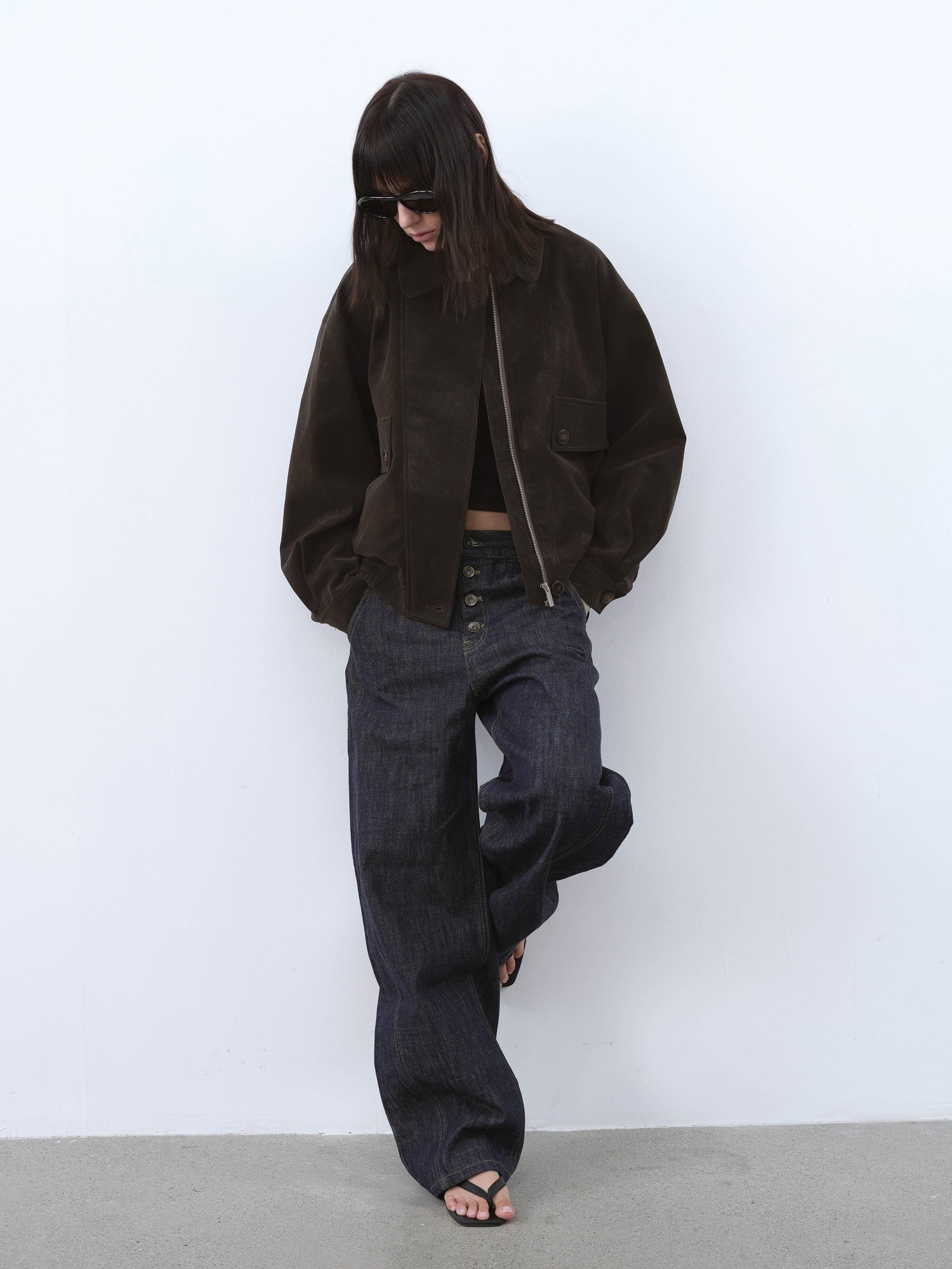 AFTADAWN Textured Distressed Asymmetric Zip Boxy Short Women&