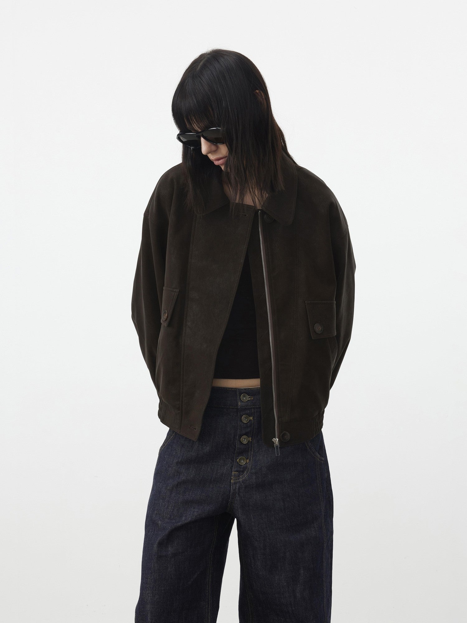 AFTADAWN Textured Distressed Asymmetric Zip Boxy Short Women&