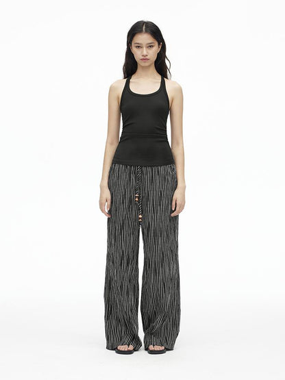 AFTADAWN Textured Grid Cotton Tapered Pants With Beaded Drawstring