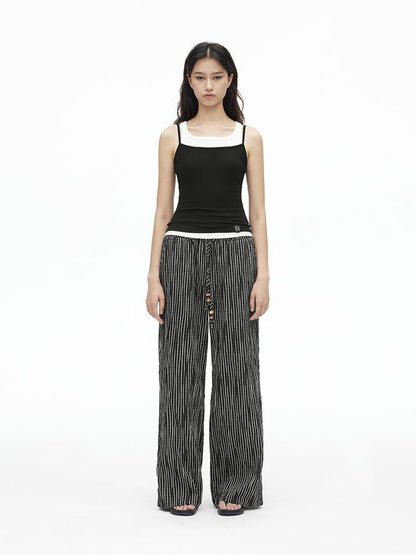 AFTADAWN Textured Grid Cotton Tapered Pants With Beaded Drawstring