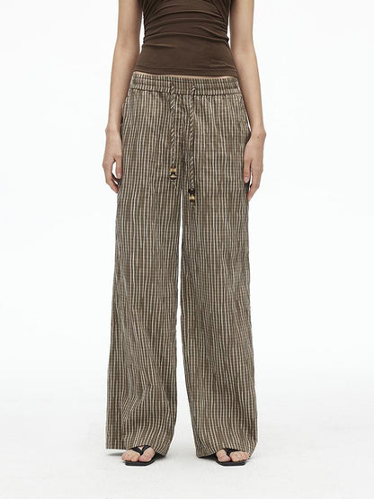 AFTADAWN Textured Grid Cotton Tapered Pants With Beaded Drawstring