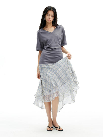 AFTADAWN Textured Grid Fishtail Skirt With Sheer Asymmetrical Hem
