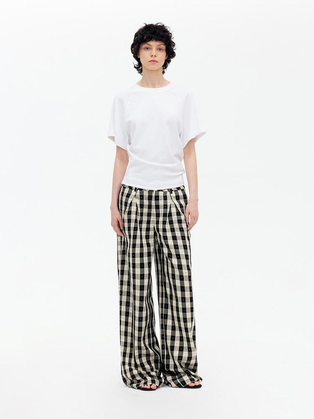 AFTADAWN Textured Grid Tencel Acetate Straight Leg Pants With Embroidery