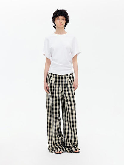 AFTADAWN Textured Grid Tencel Acetate Straight Leg Pants With Embroidery