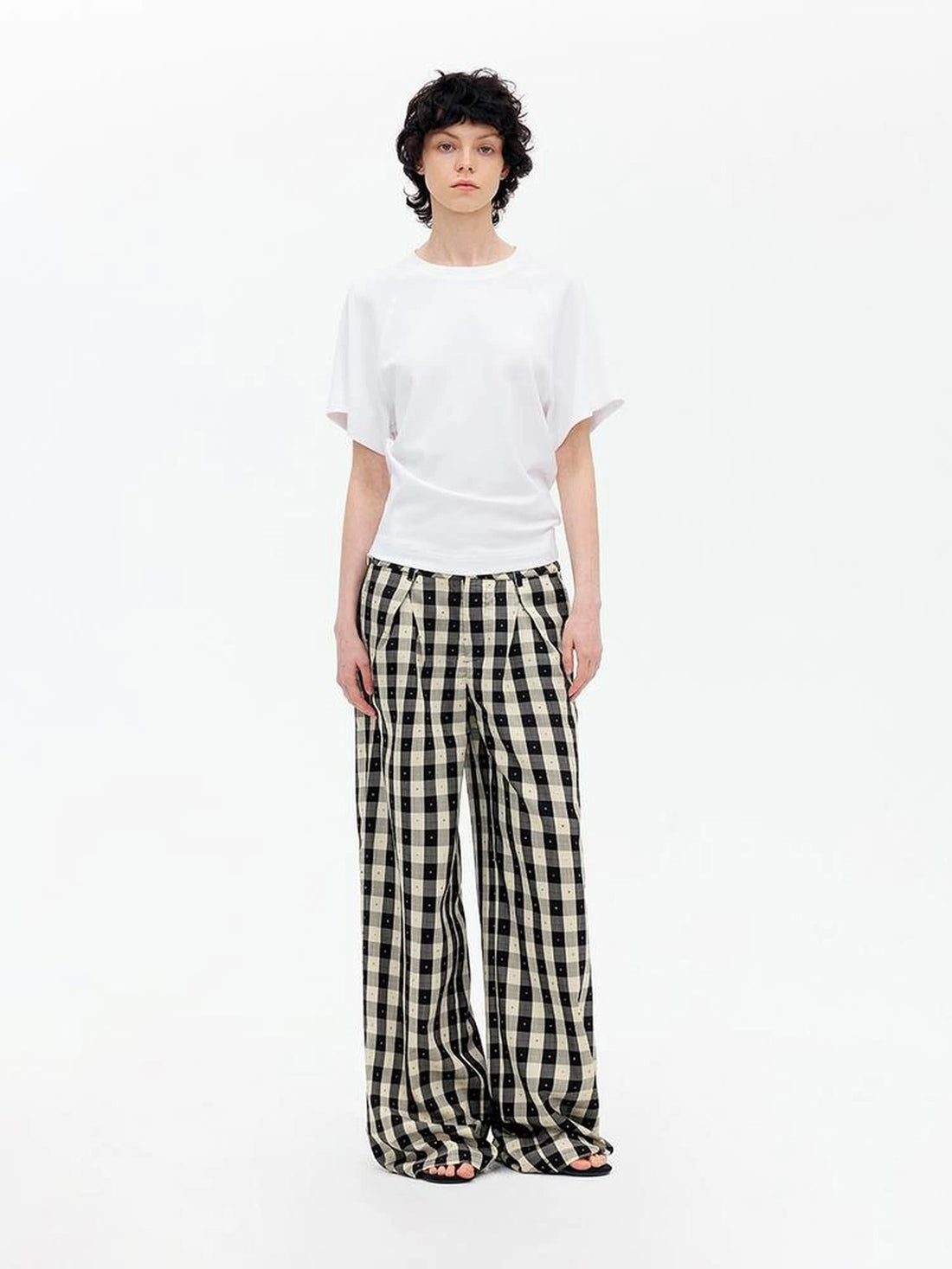Textured Grid Tencel Acetate Straight Leg Pants With Embroidery