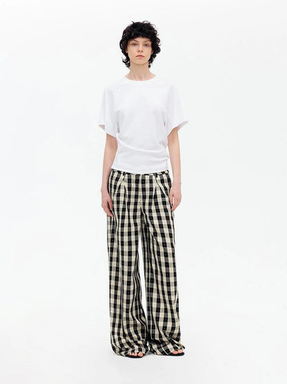 Textured Grid Tencel Acetate Straight Leg Pants With Embroidery