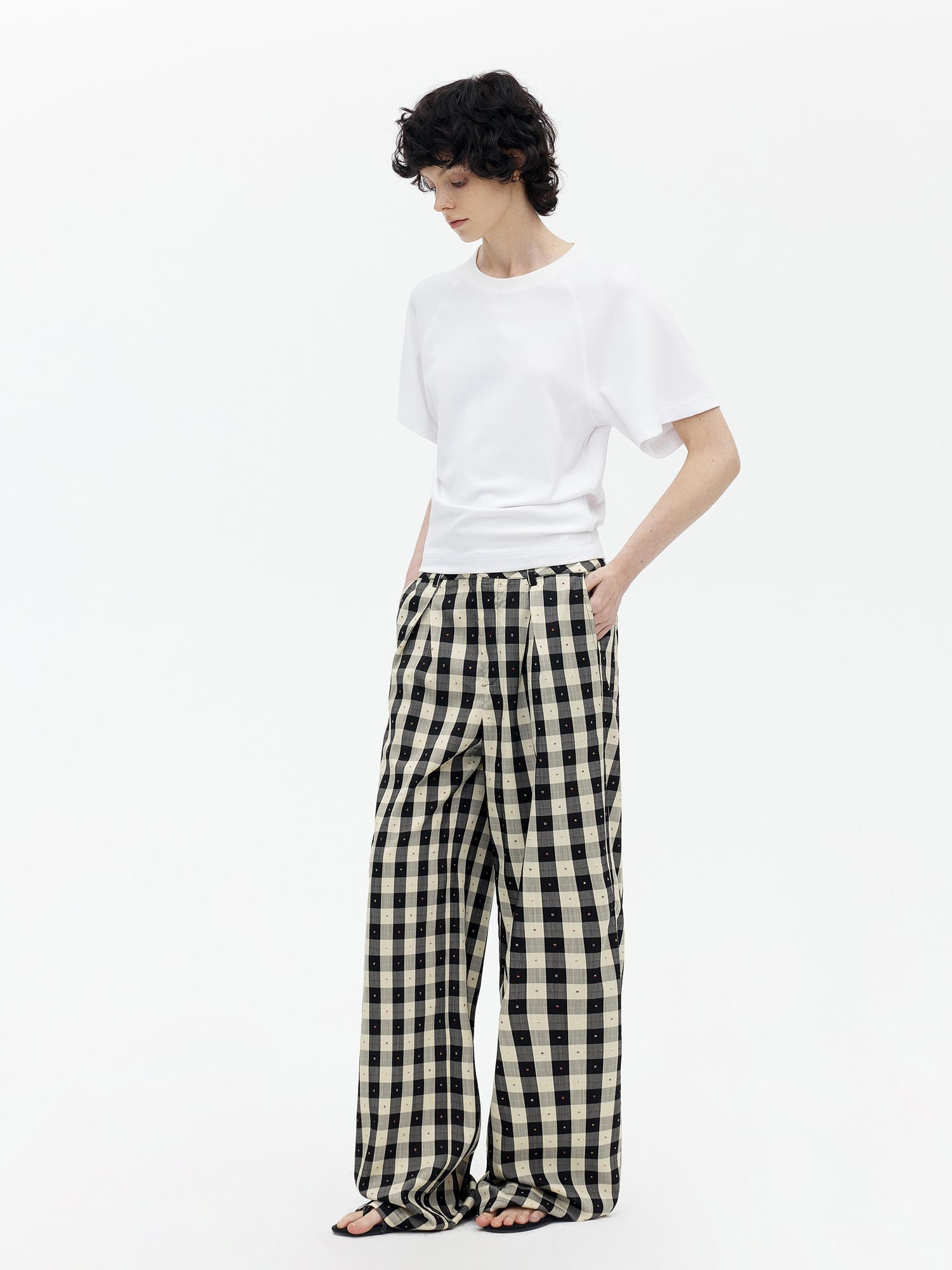 AFTADAWN Textured Grid Tencel Acetate Straight Leg Pants With Embroidery