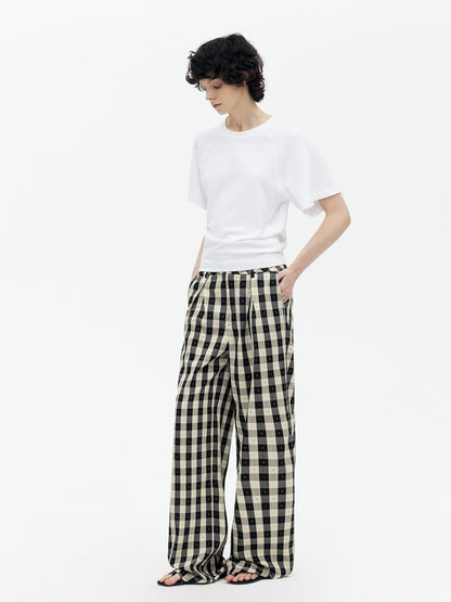 AFTADAWN Textured Grid Tencel Acetate Straight Leg Pants With Embroidery