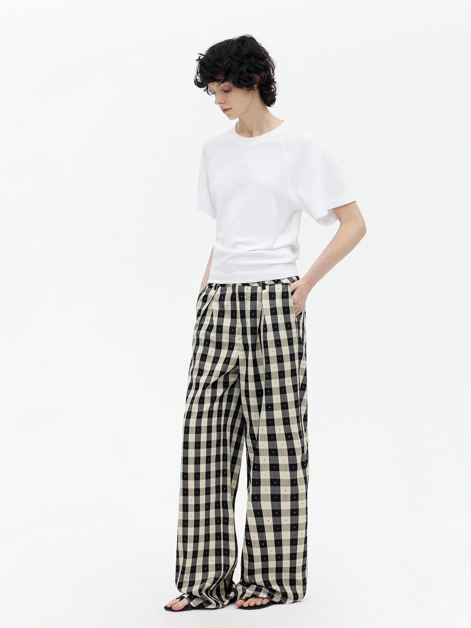 Textured Grid Tencel Acetate Straight Leg Pants With Embroidery