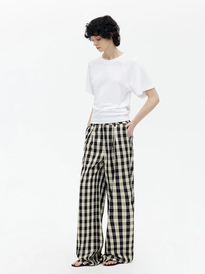 Textured Grid Tencel Acetate Straight Leg Pants With Embroidery