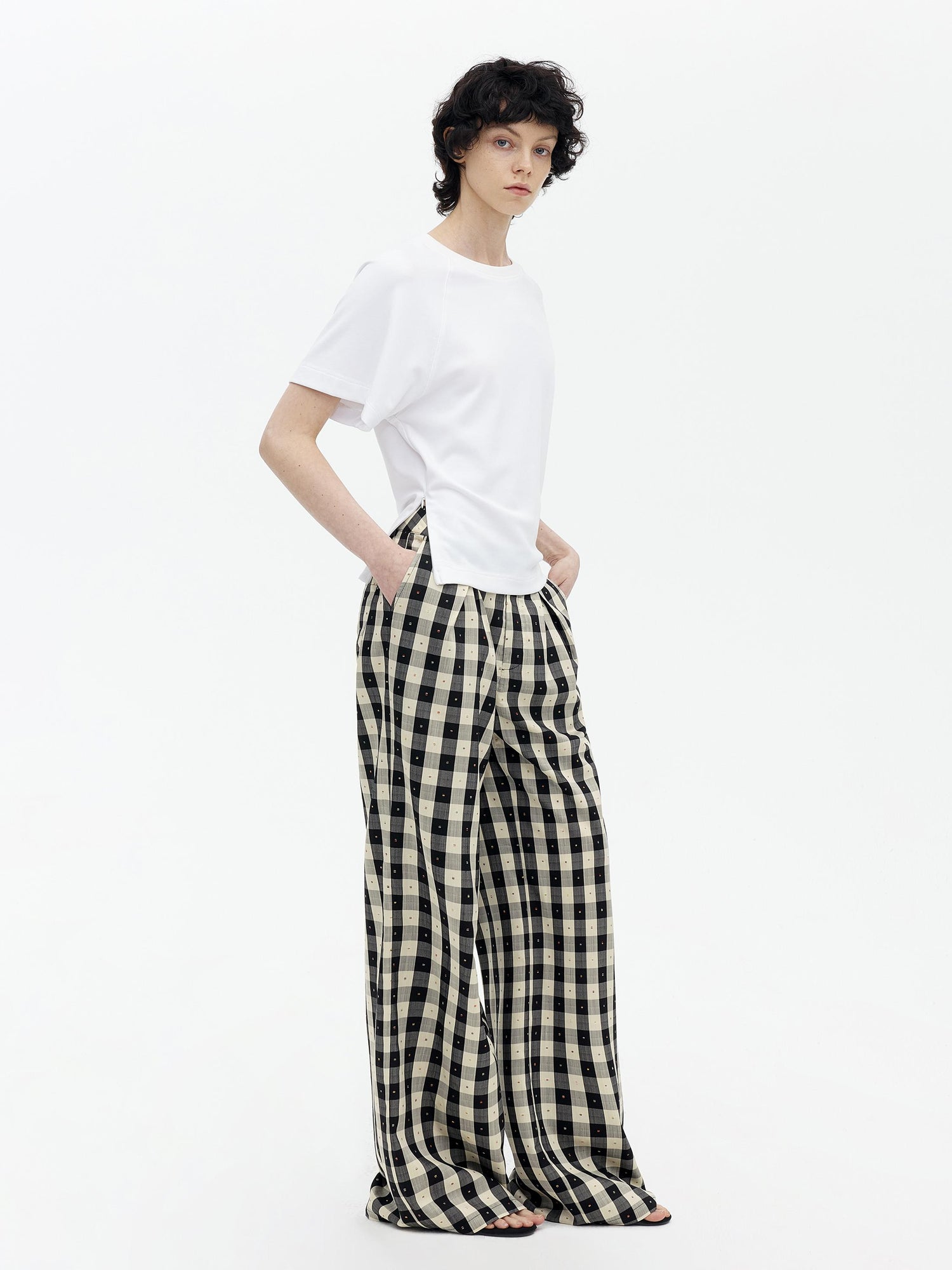 AFTADAWN Textured Grid Tencel Acetate Straight Leg Pants With Embroidery