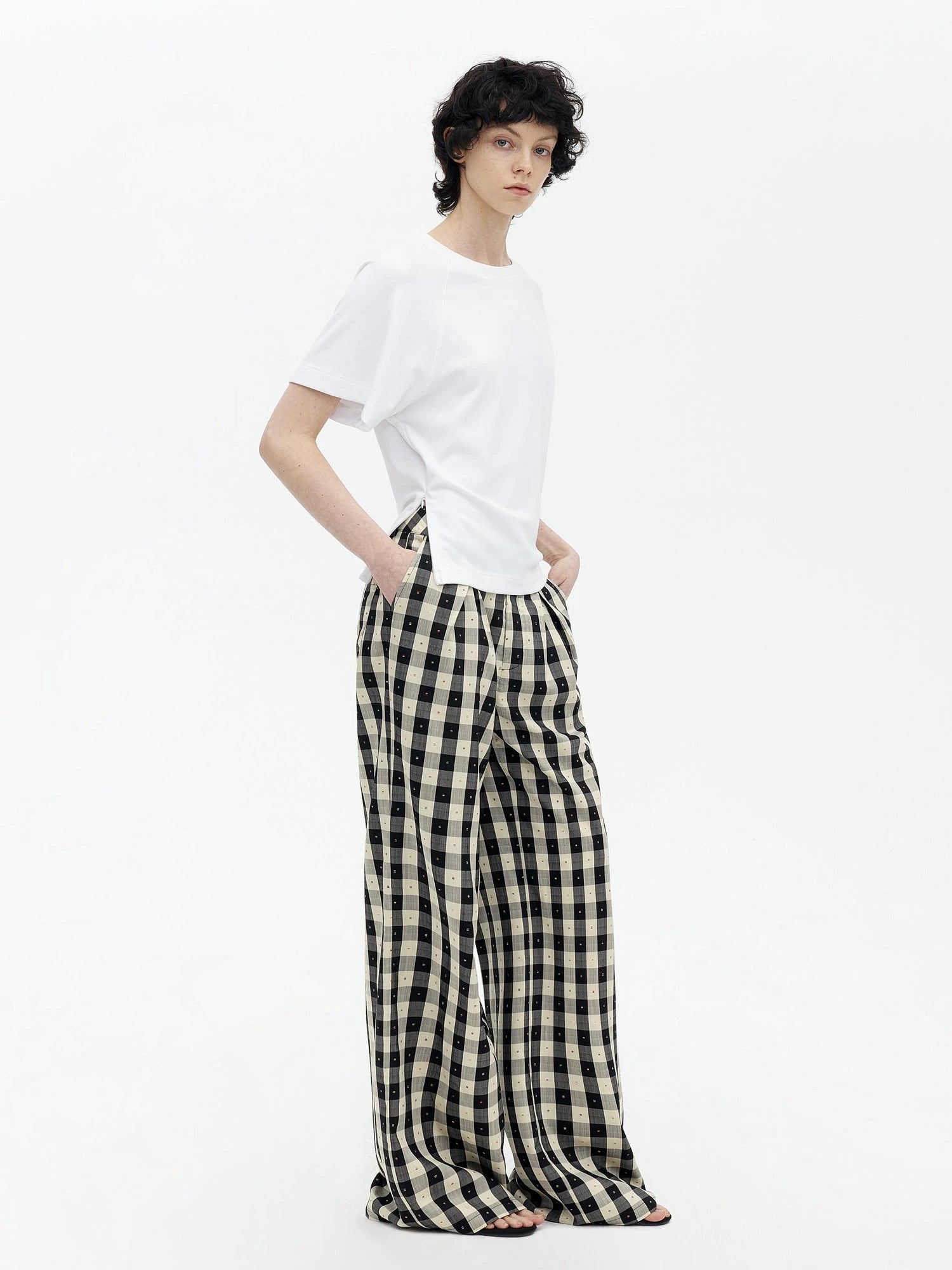 Textured Grid Tencel Acetate Straight Leg Pants With Embroidery
