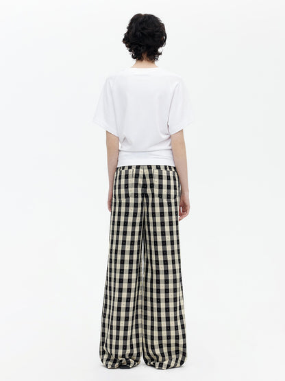 AFTADAWN Textured Grid Tencel Acetate Straight Leg Pants With Embroidery