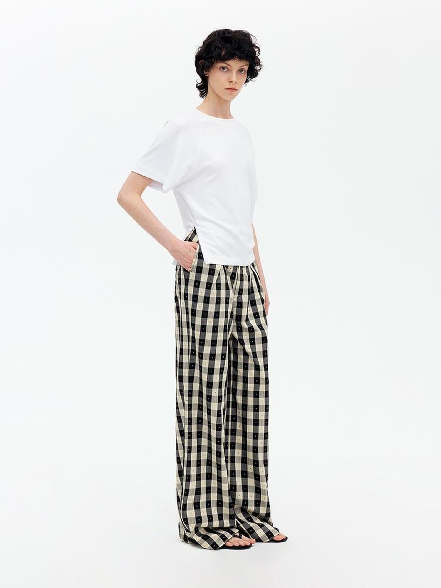 AFTADAWN Textured Grid Tencel Acetate Straight Leg Pants With Embroidery