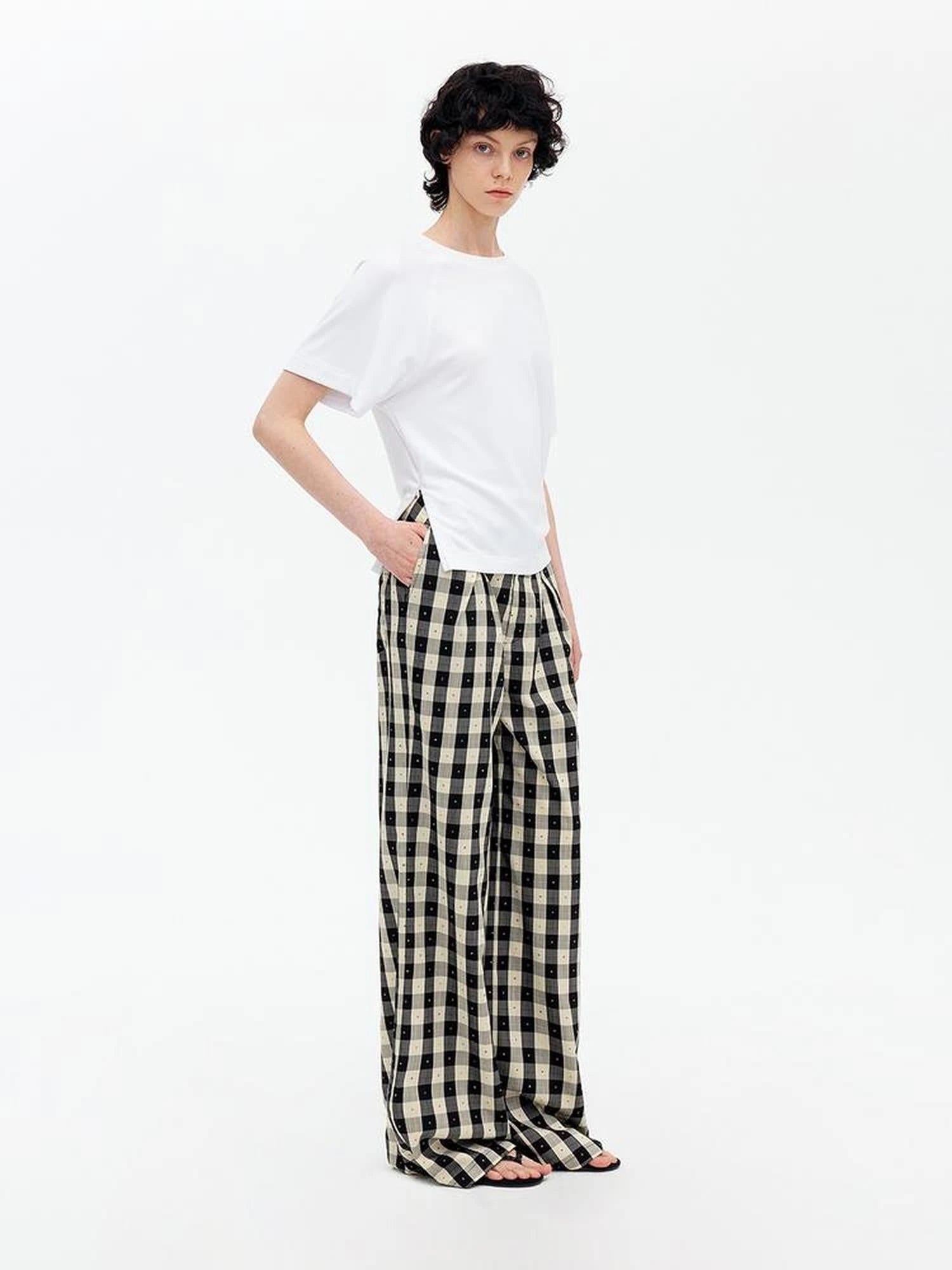 Textured Grid Tencel Acetate Straight Leg Pants With Embroidery