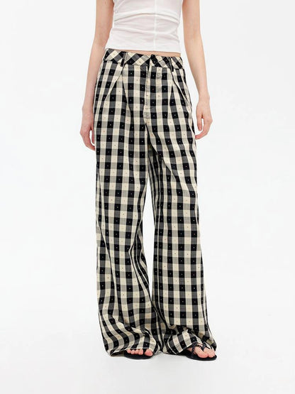 Textured Grid Tencel Acetate Straight Leg Pants With Embroidery