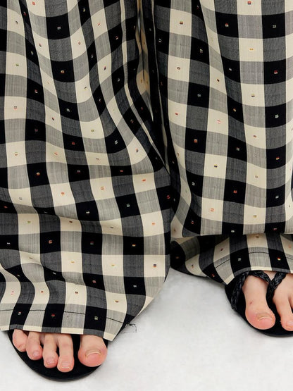 Textured Grid Tencel Acetate Straight Leg Pants With Embroidery