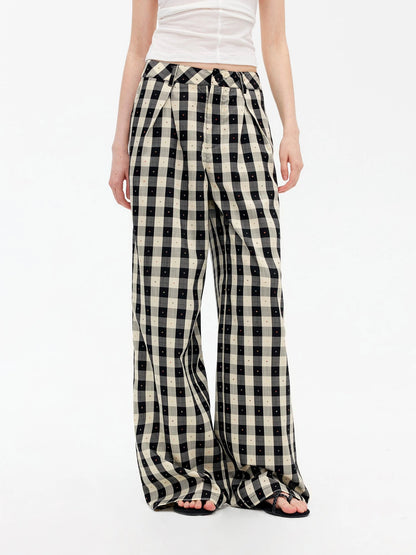 Textured Grid Tencel Acetate Straight Leg Pants With Embroidery