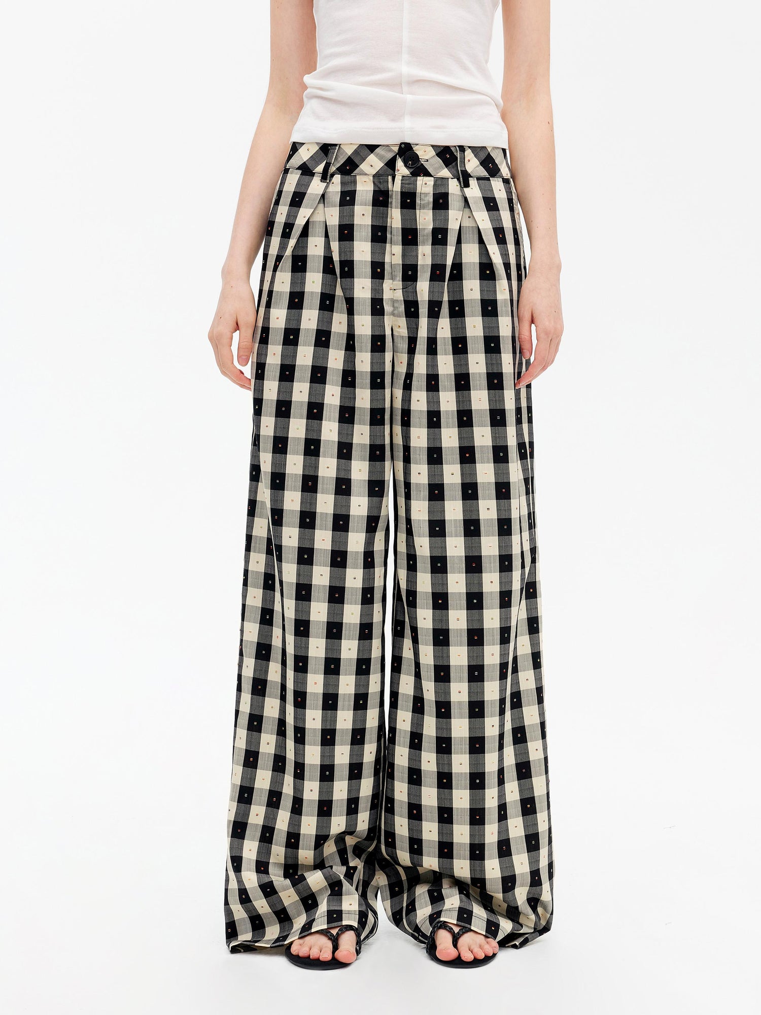 AFTADAWN Textured Grid Tencel Acetate Straight Leg Pants With Embroidery