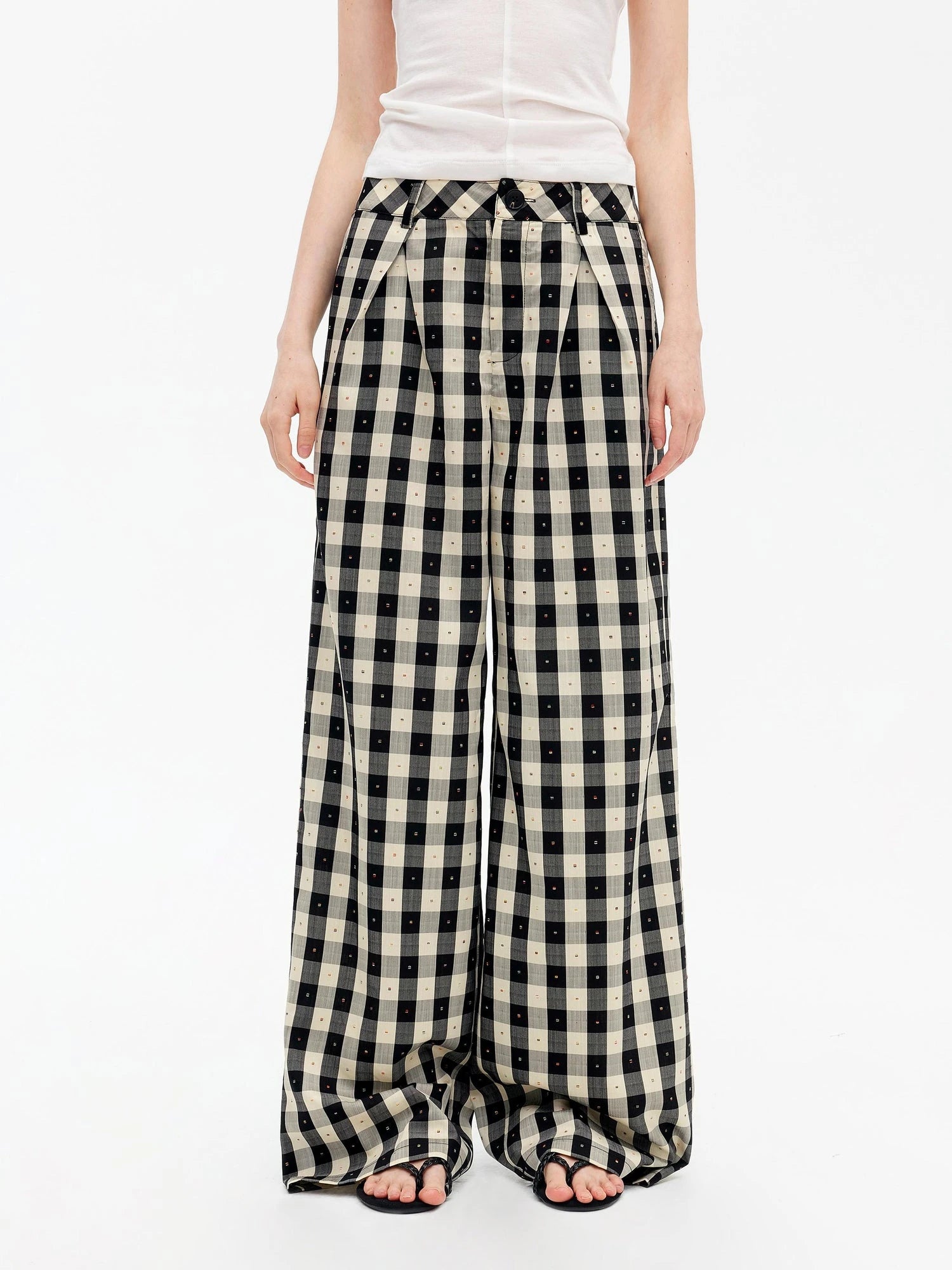 Textured Grid Tencel Acetate Straight Leg Pants With Embroidery