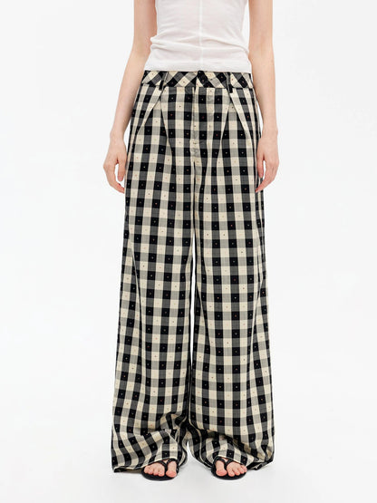 Textured Grid Tencel Acetate Straight Leg Pants With Embroidery