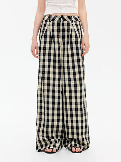AFTADAWN Textured Grid Tencel Acetate Straight Leg Pants With Embroidery