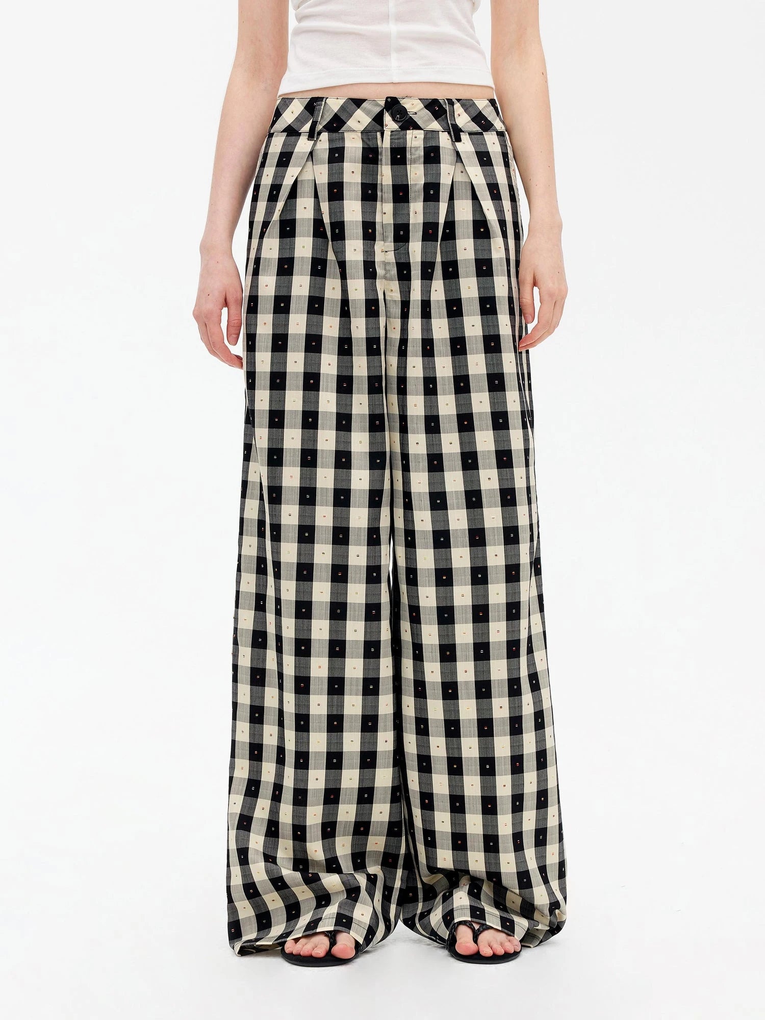 Textured Grid Tencel Acetate Straight Leg Pants With Embroidery