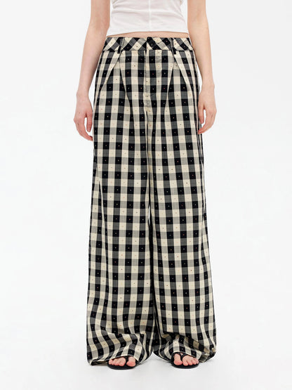 Textured Grid Tencel Acetate Straight Leg Pants With Embroidery