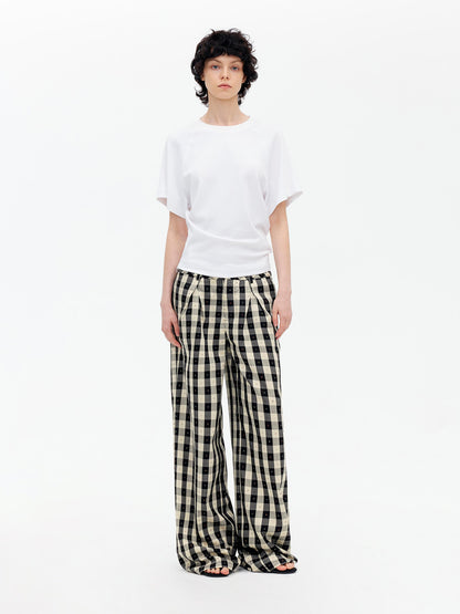 AFTADAWN Textured Grid Tencel Acetate Straight Leg Pants With Embroidery