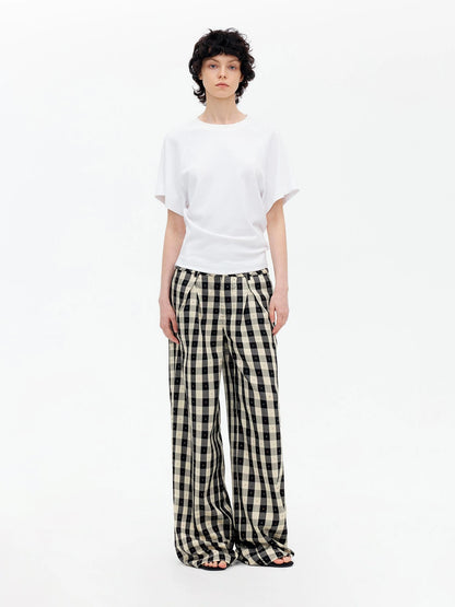 Textured Grid Tencel Acetate Straight Leg Pants With Embroidery