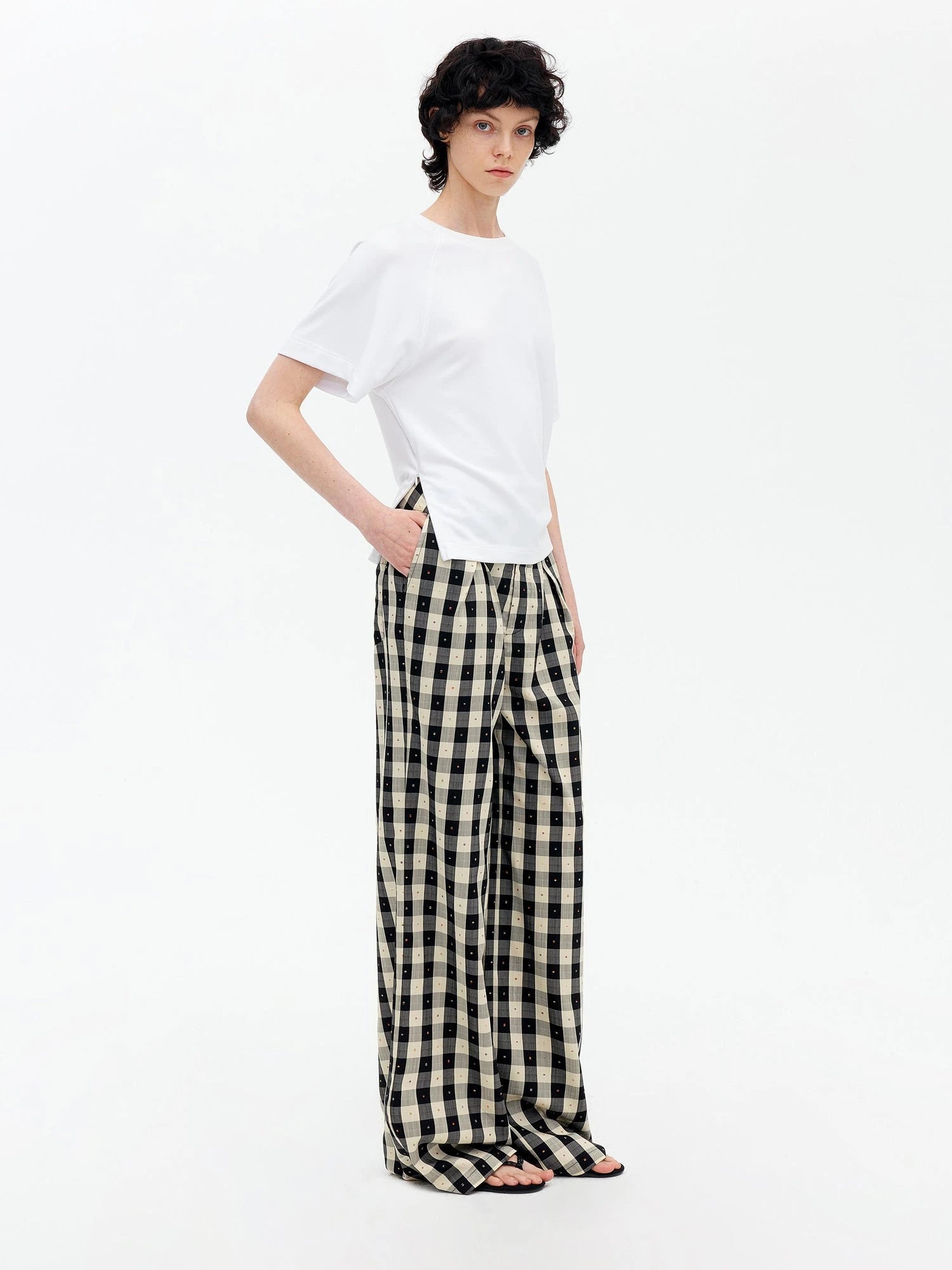 Textured Grid Tencel Acetate Straight Leg Pants With Embroidery