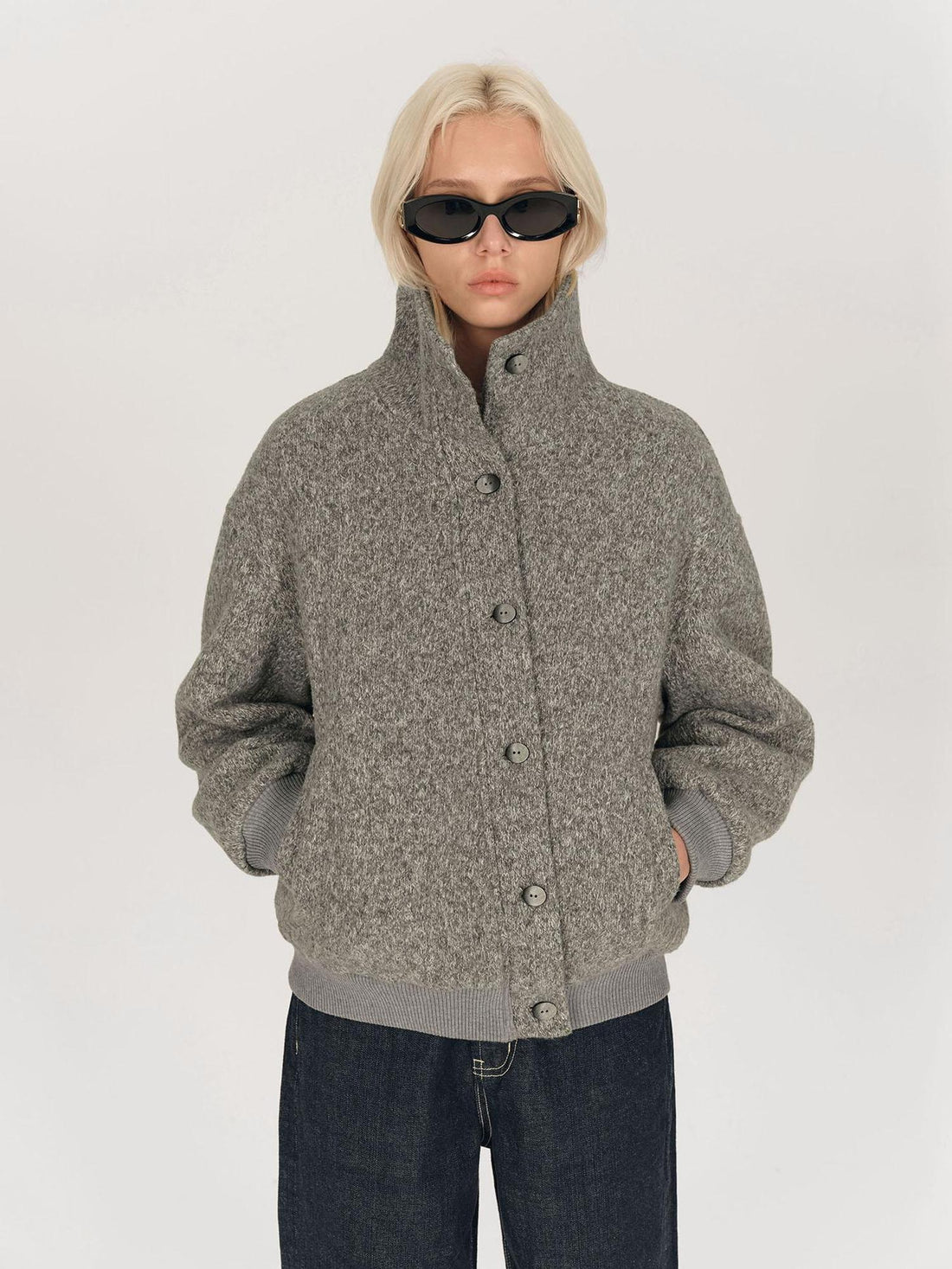AFTADAWN Textured Knit Button Placket Stand Collar Padded Jacket