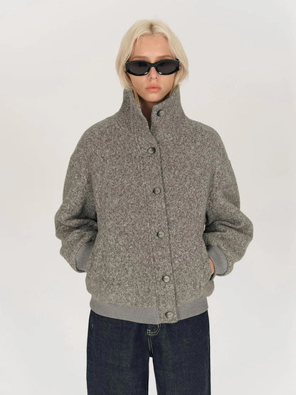 Textured Knit Button Placket Stand Collar Padded Jacket