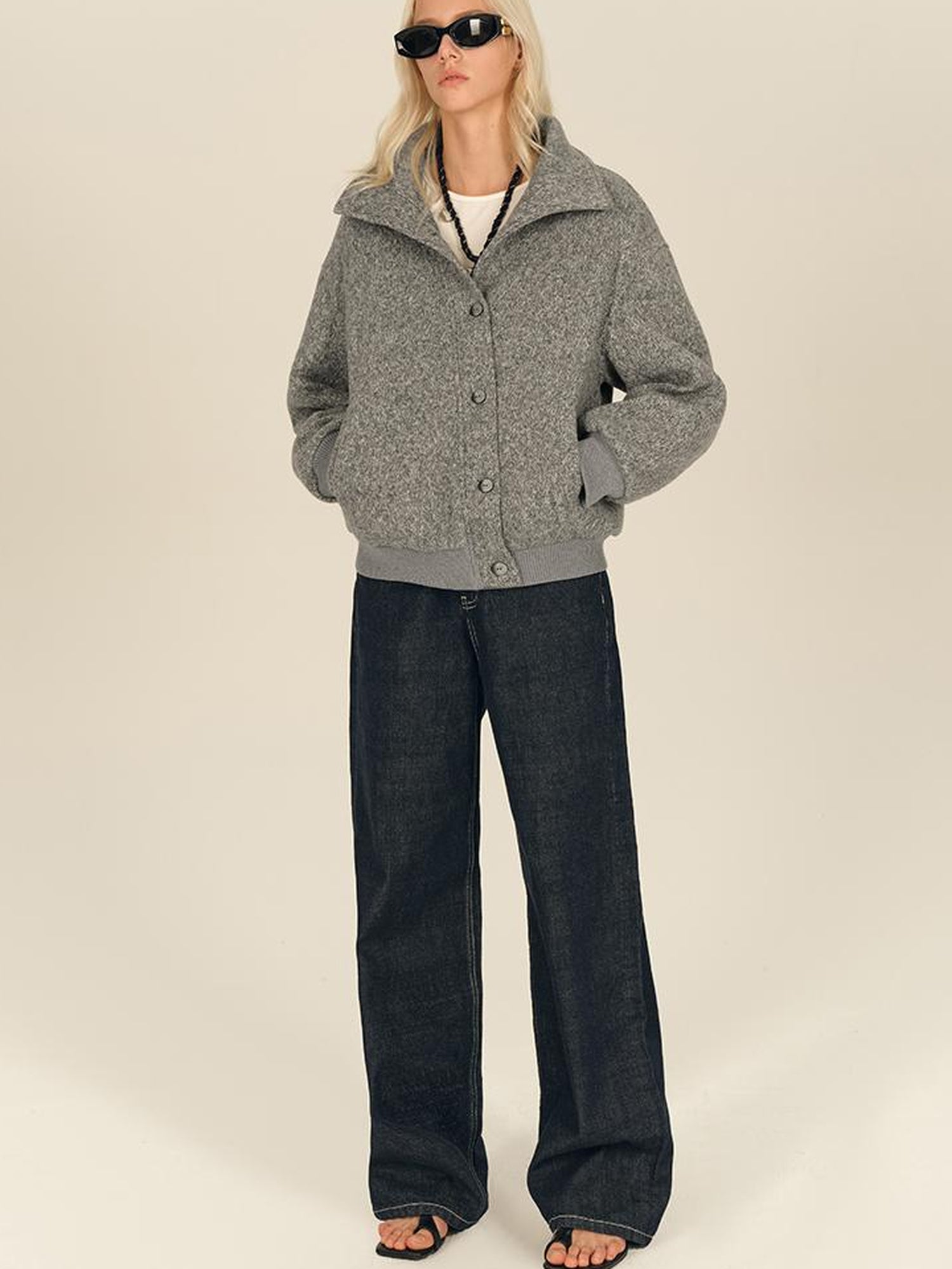 AFTADAWN Textured Knit Button Placket Stand Collar Padded Jacket