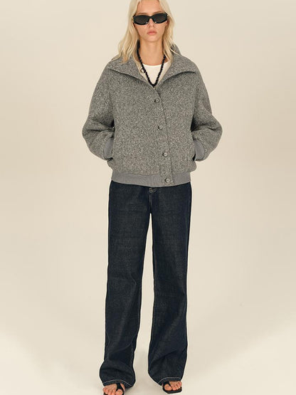 AFTADAWN Textured Knit Button Placket Stand Collar Padded Jacket