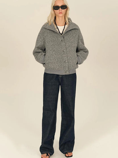 Textured Knit Button Placket Stand Collar Padded Jacket