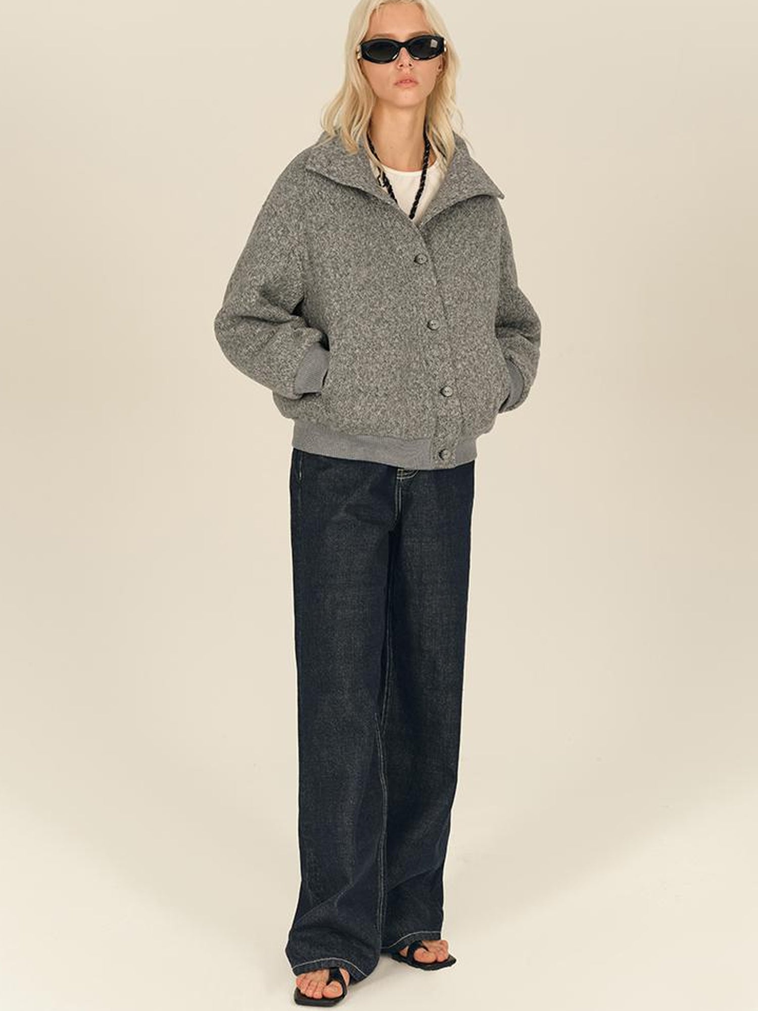 AFTADAWN Textured Knit Button Placket Stand Collar Padded Jacket