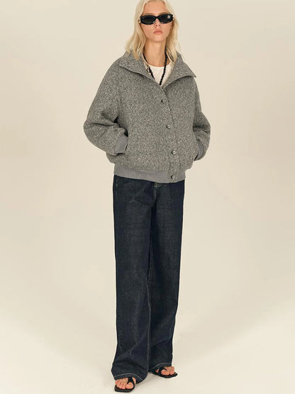 Textured Knit Button Placket Stand Collar Padded Jacket