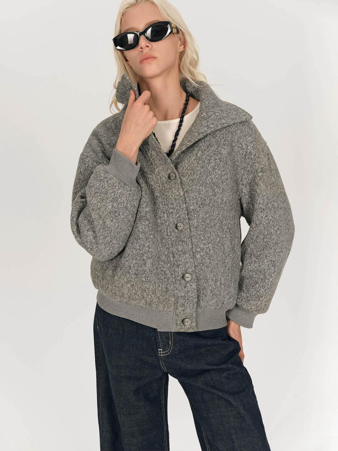 AFTADAWN Textured Knit Button Placket Stand Collar Padded Jacket