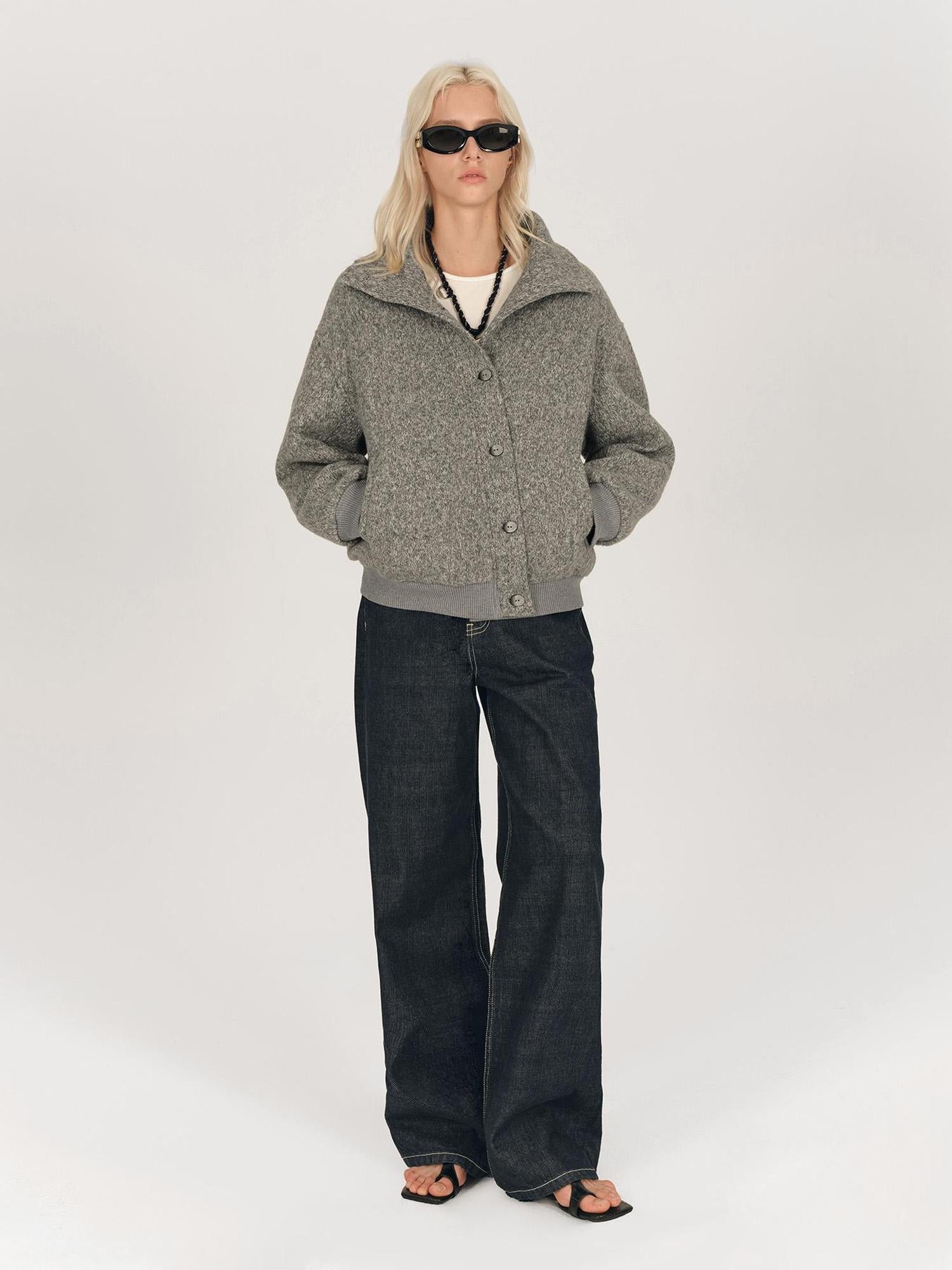 AFTADAWN Textured Knit Button Placket Stand Collar Padded Jacket