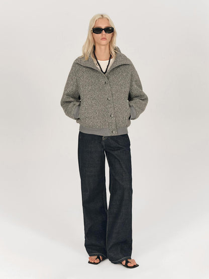 AFTADAWN Textured Knit Button Placket Stand Collar Padded Jacket