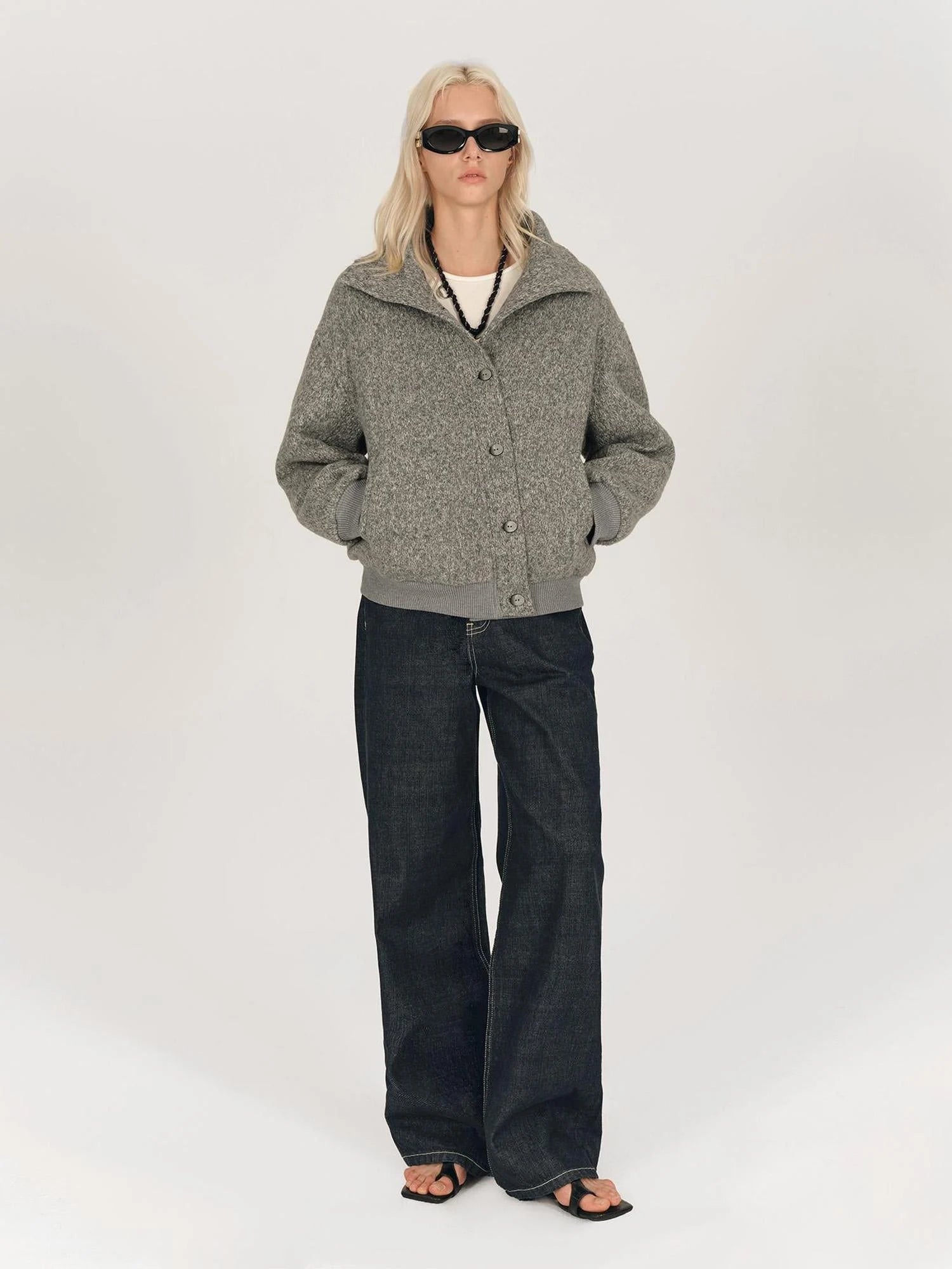 Textured Knit Button Placket Stand Collar Padded Jacket