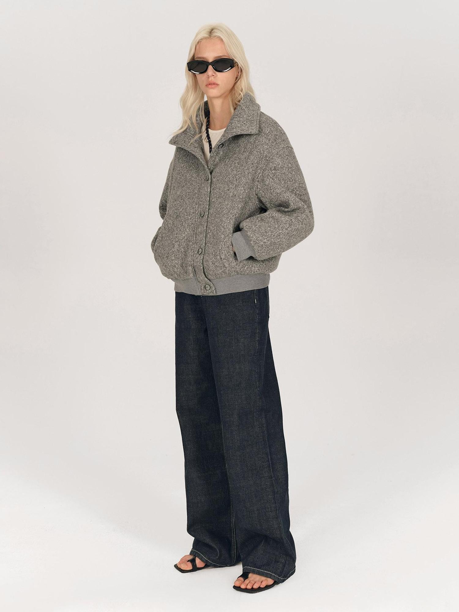 AFTADAWN Textured Knit Button Placket Stand Collar Padded Jacket