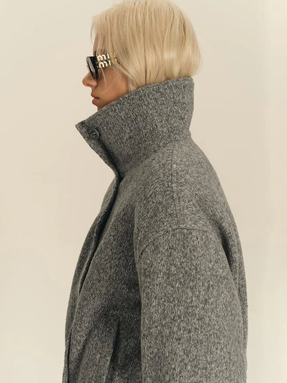 Textured Knit Button Placket Stand Collar Padded Jacket