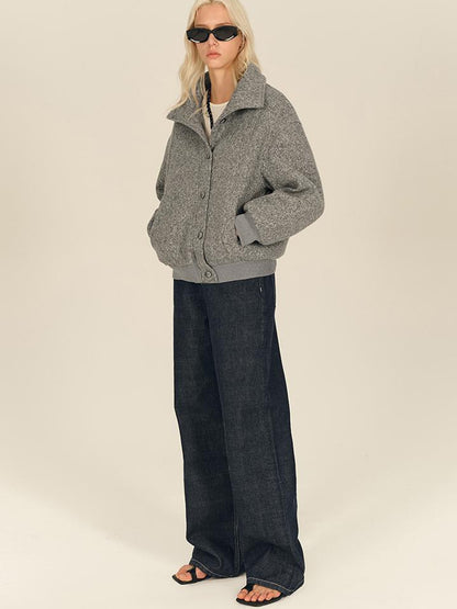 AFTADAWN Textured Knit Button Placket Stand Collar Padded Jacket