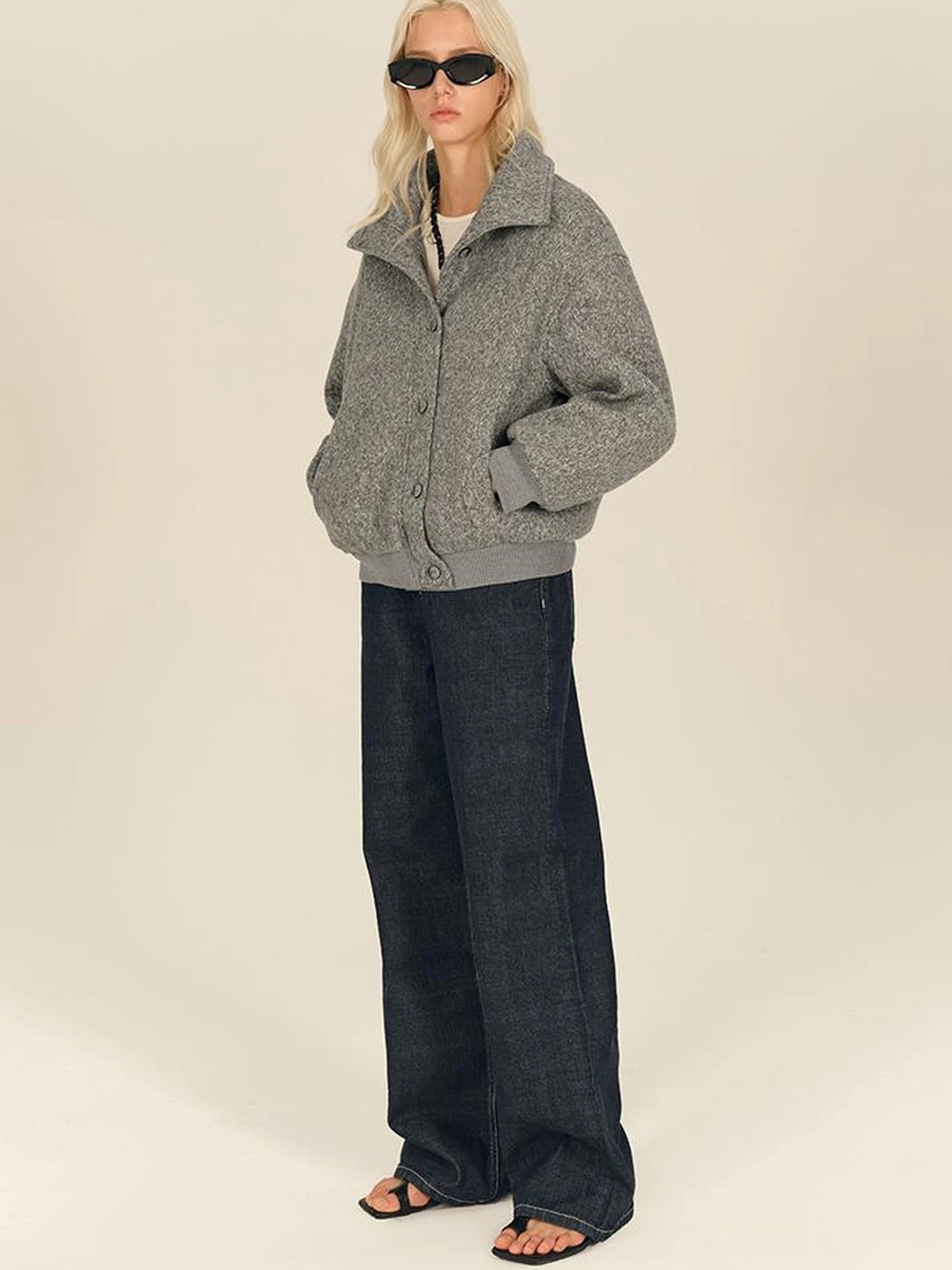 Textured Knit Button Placket Stand Collar Padded Jacket