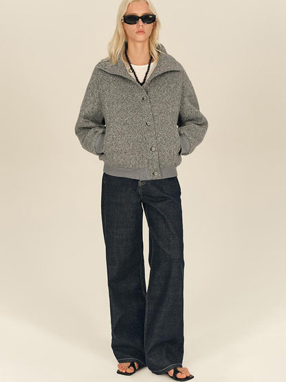 AFTADAWN Textured Knit Button Placket Stand Collar Padded Jacket